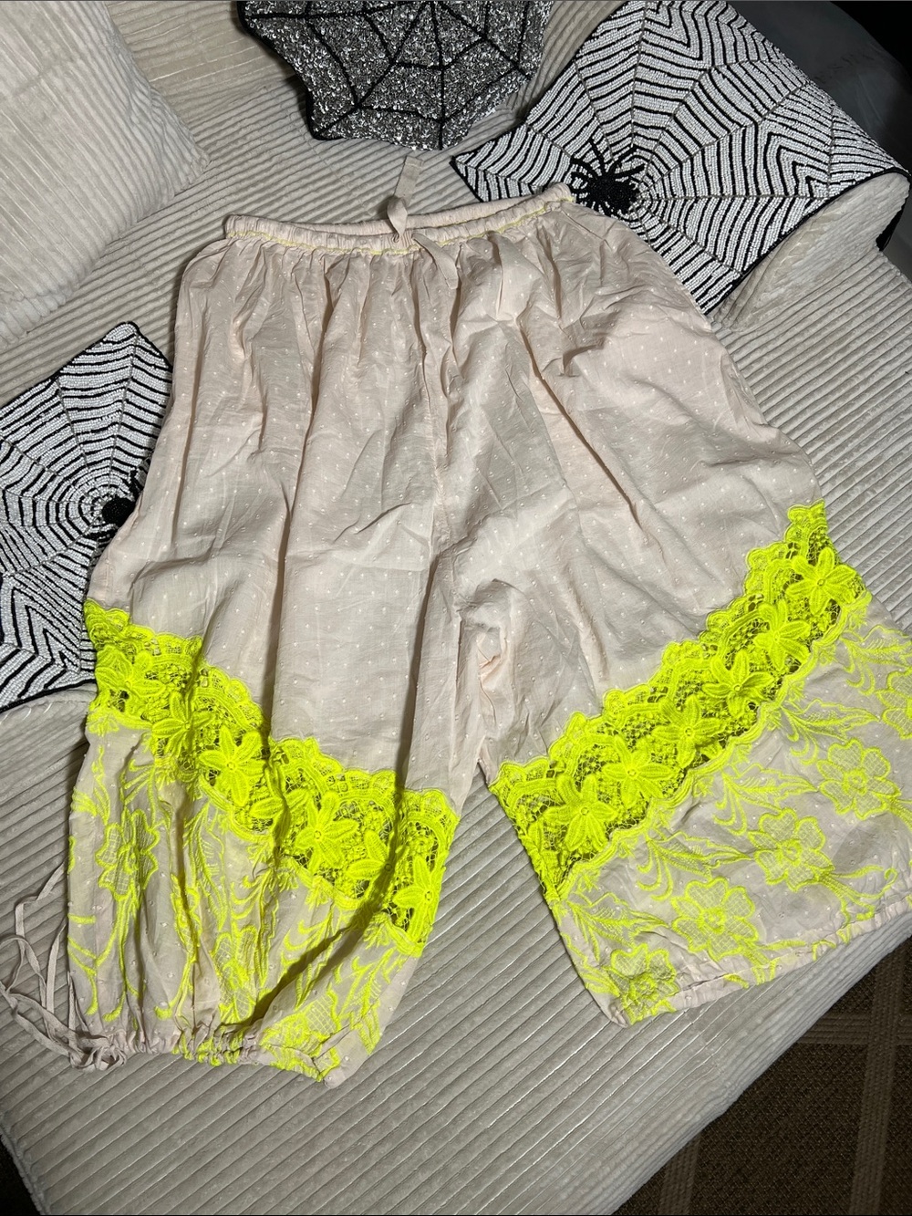 Light Pink Shorts with Neon Yellow Lace Trim - Women Shorts